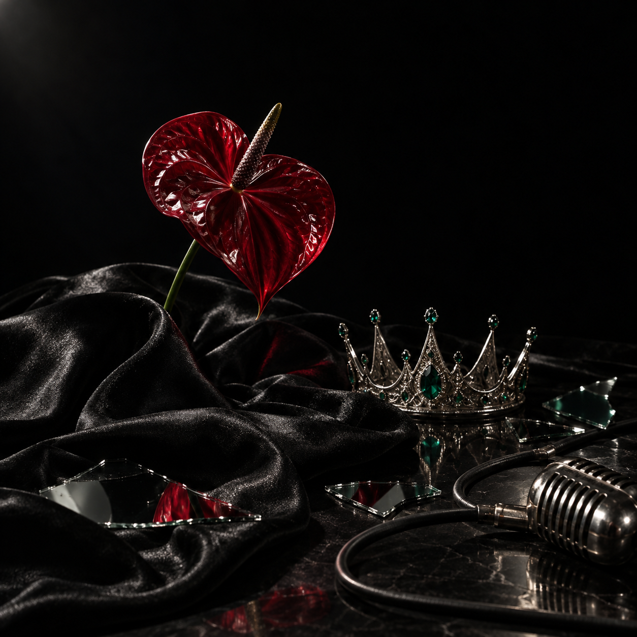 A red anthurium, silver crown, shattered mirror and vintage microphone against black satin