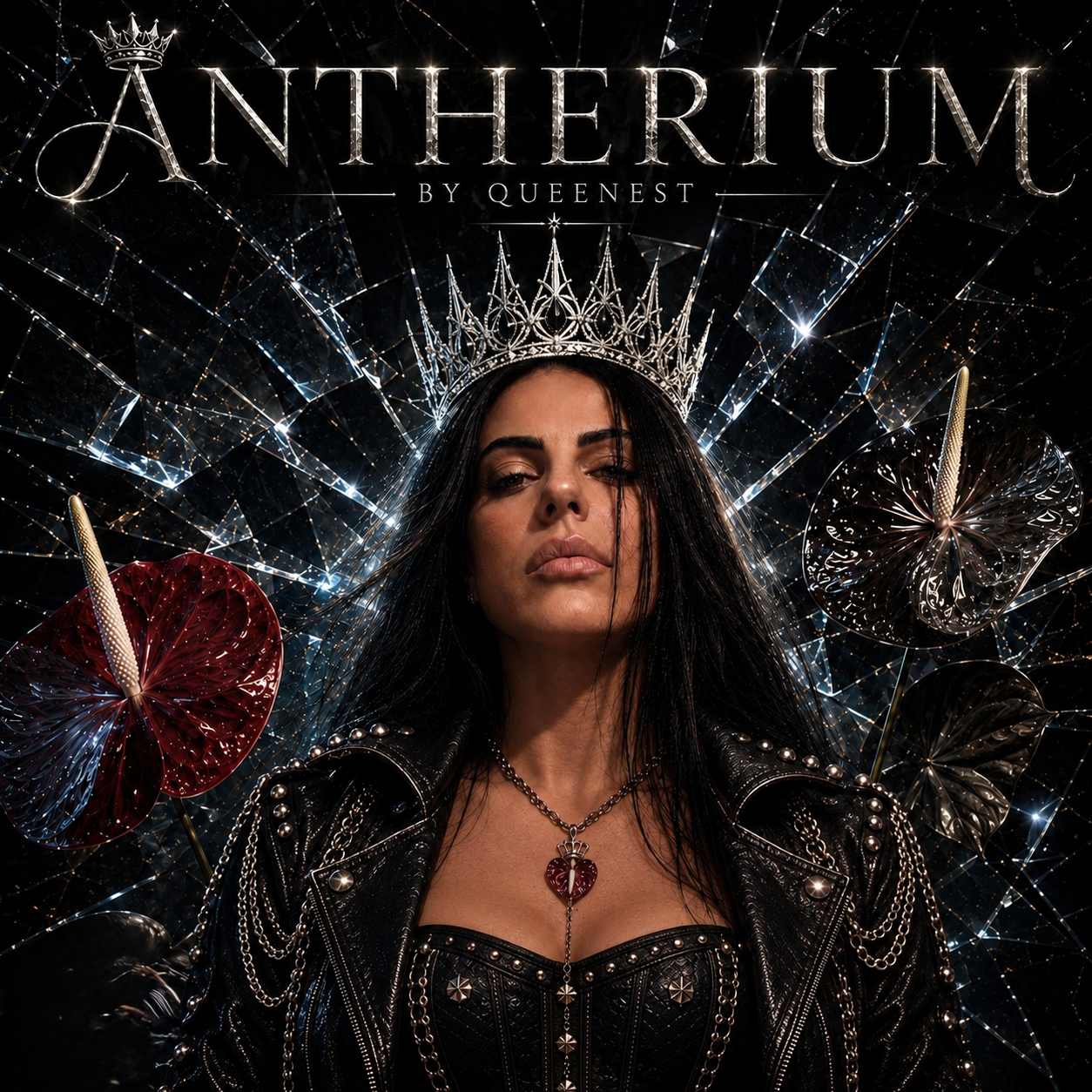 ANTHERIUM by QueenEst cover artwork: crowned QueenEst in black rock armour against shattered glass and dark anthuriums