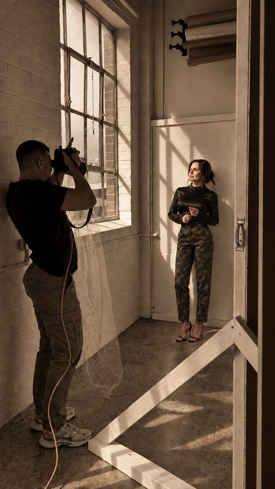 Helen Poulos photographed behind the scenes in the studio