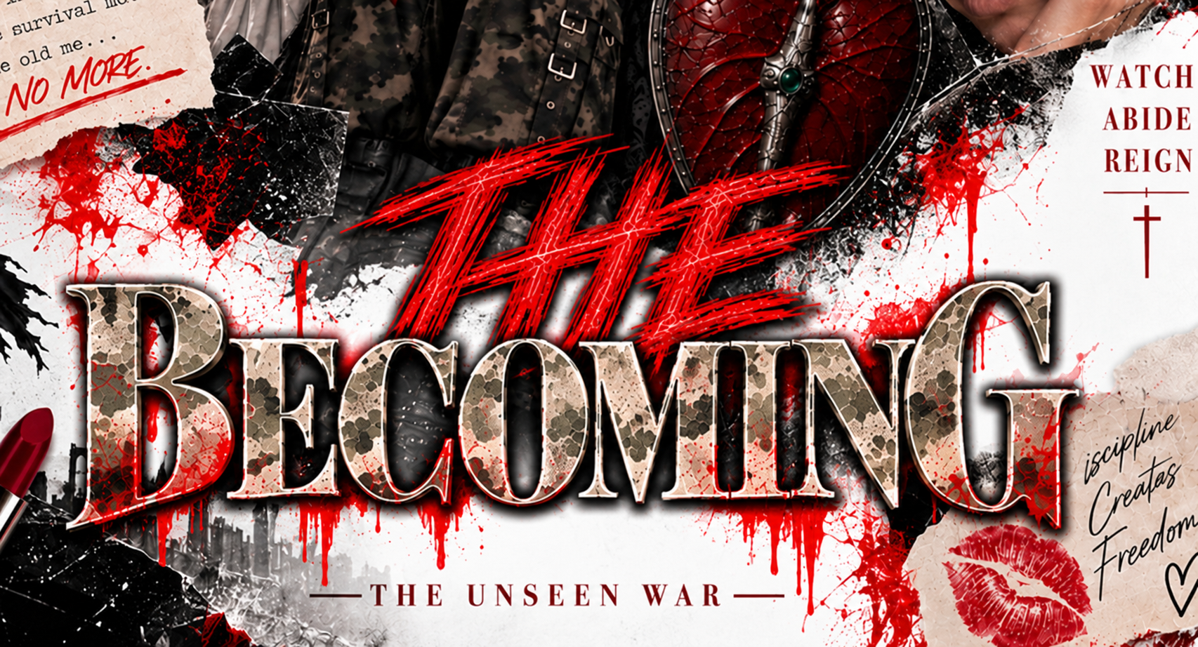 The Becoming: The Unseen War artwork with camouflage lettering, red brush marks and the W.A.R. declaration