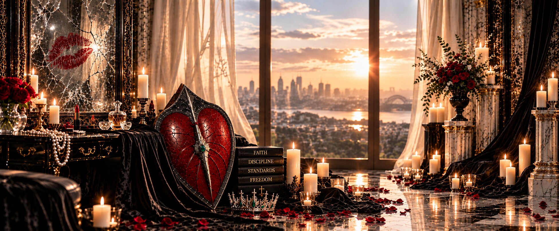 A cinematic room at sunset with candles, shattered mirror and the QueenEst shield
