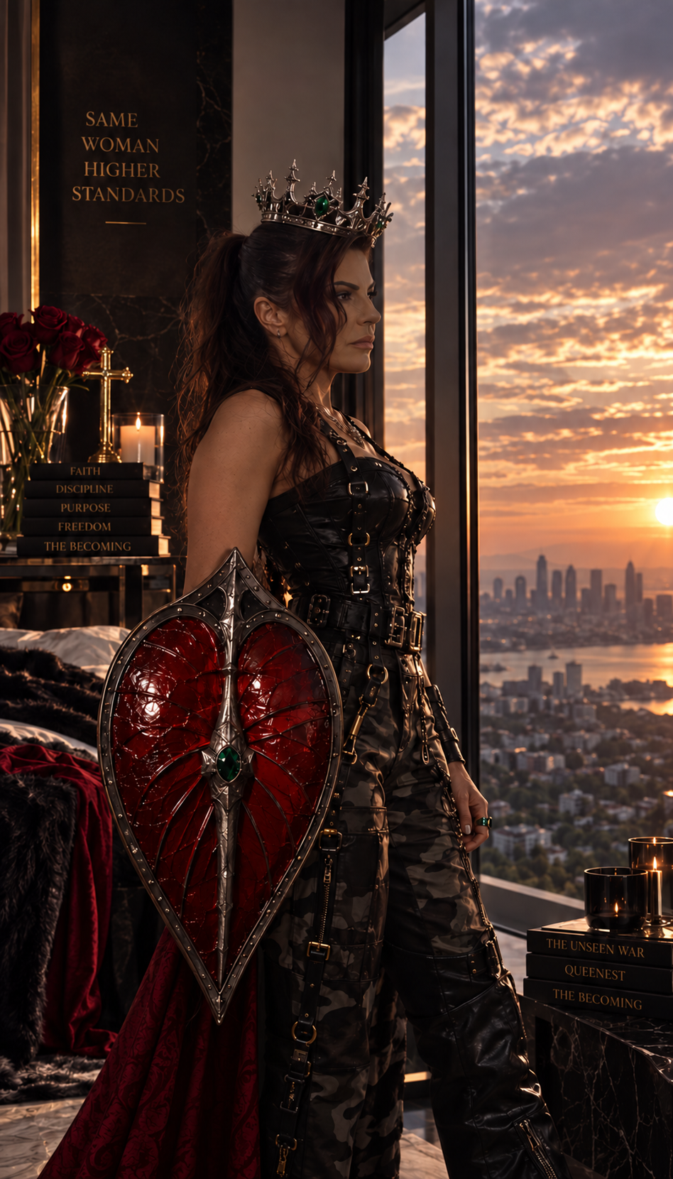 QueenEst wearing a crown and camo, holding her red Antherium shield as she looks toward the sunset